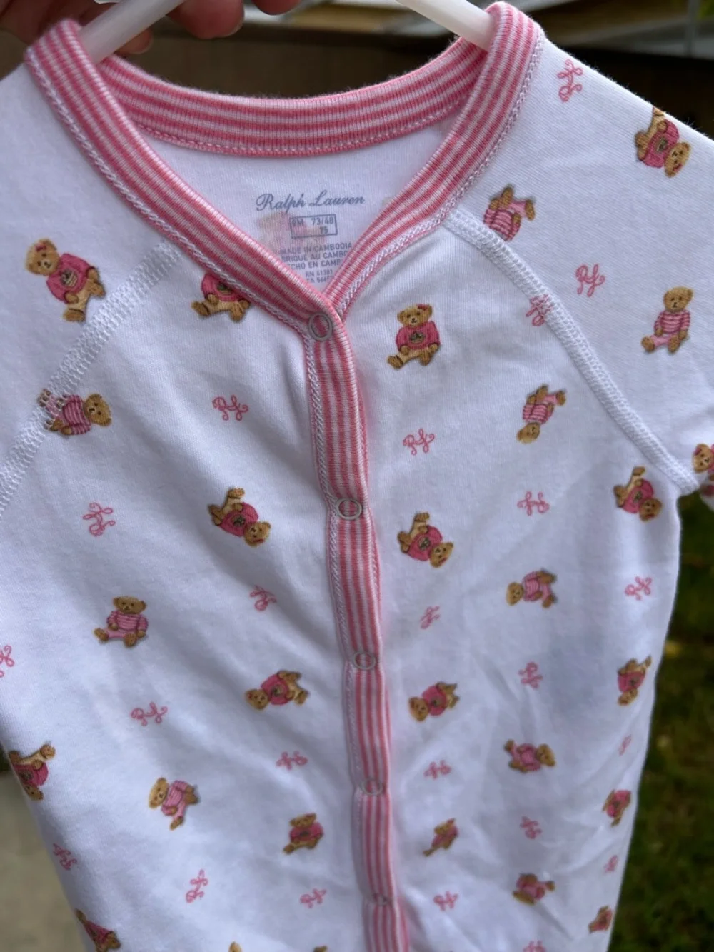 Ralph Lauren White Footed One-Piece with Pink Trim and Floral Bear Print